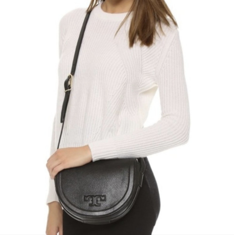 Tory Burch serif t black pebble leather crossbody saddle bag